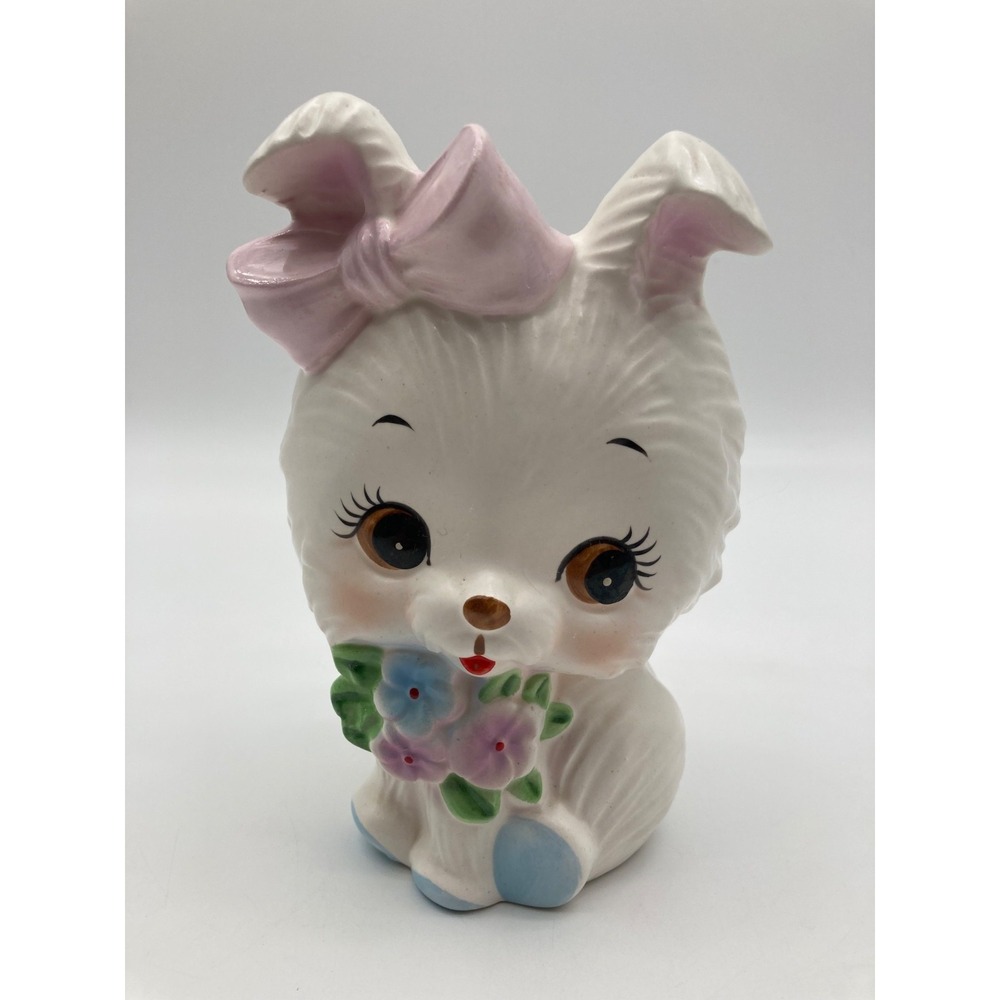 Vintage ESD Japan Ceramic Dog Puppy Planter Big Eyes Pink Bow AR24393 Kitsch
